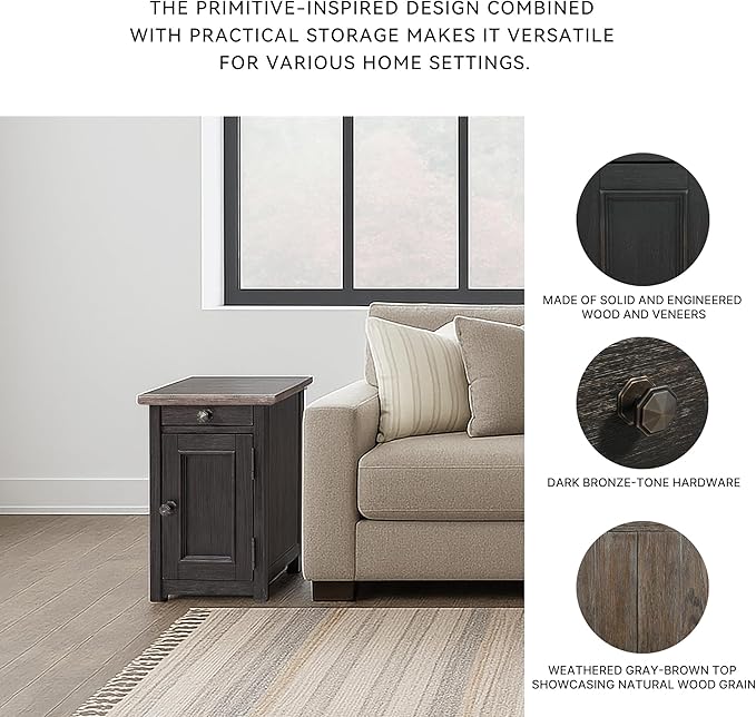 Signature Design by Ashley Tyler Creek Rustic Chair Side End Table with Pull-Out Tray & USB Ports, Brown