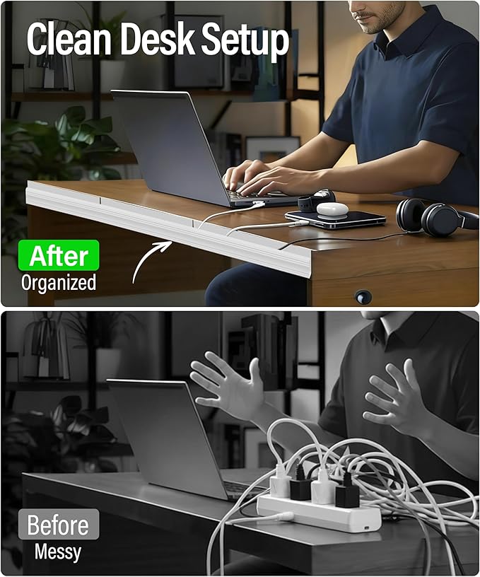 6 Pack Cable Management Under Desk, Open J Channel Raceway, Cord Organizer Tray for Desk, No-Drill Cable Hider for Desk & Wall, Wire Management Kit, Flame-Retardant PVC, 94.5" Total, White