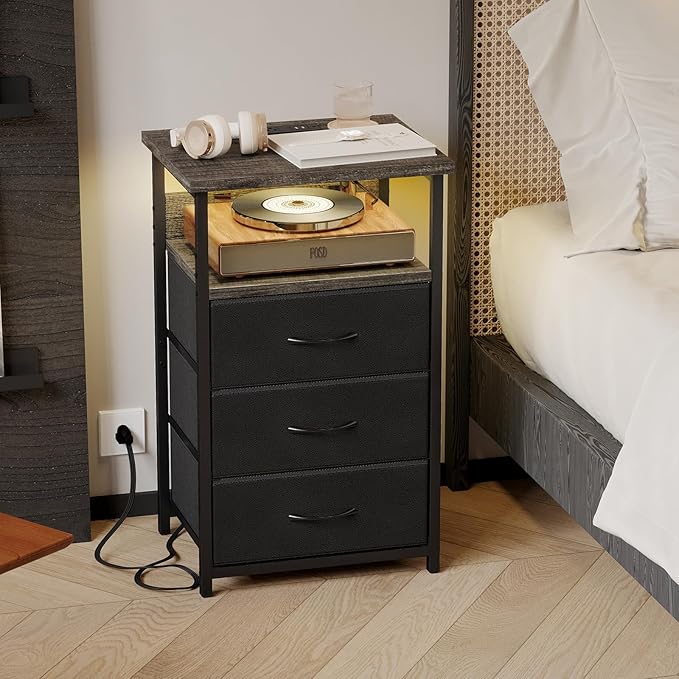Fixwal Night Stand with Charging Station, LED Nightstand with U-S-B Ports and Outlets, 3 Fabric Storage Drawers with PU Finish, Bed Side Table, Charcoal Gray