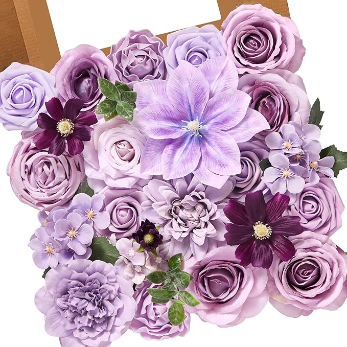 Alecono Artificial Flowers, Purple Fake Flowers Combo Box with Stems for DIY Wedding Bridal Bouquets, Cake Party Table Centerpieces Home Decor