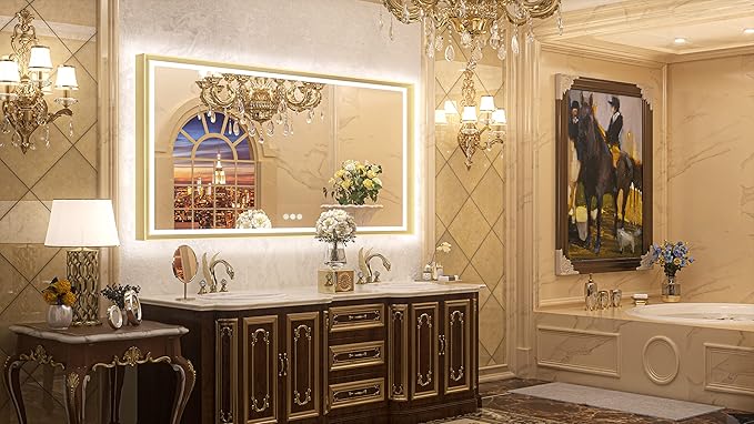 TETOTE 72x36 LED Bathroom Mirror with Lights Gold Metal Framed Front & Back Light Vanity Mirror Baroque Antifog Stepless Dimmable White/Warm/Natural,CRI90+,Waterproof,Wall Mounted(Horizontal/Vertical)