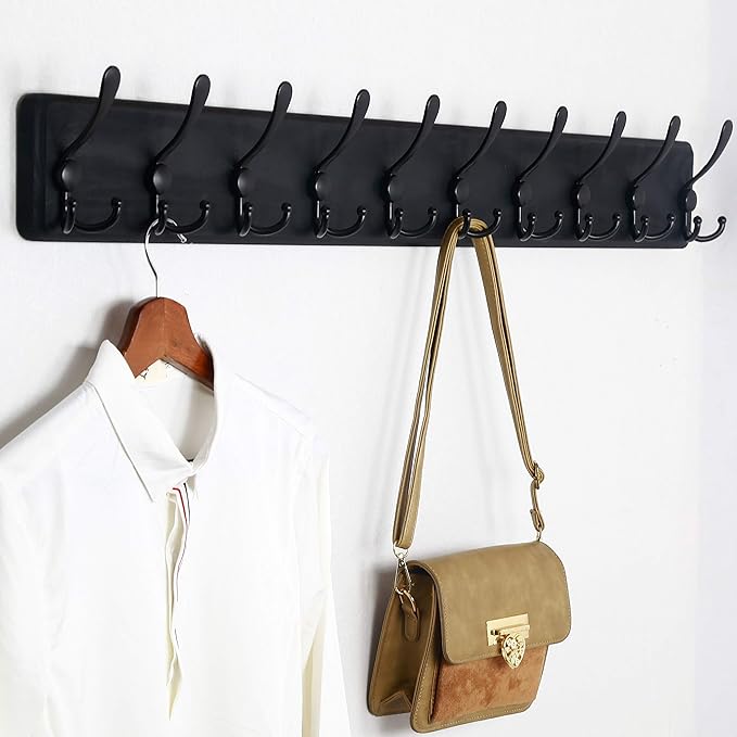 WEBI Coat Rack Wall Mount,Coat Hooks Wall Mounted Rustic,16" Hole to Hole,Large Coat Hanger Wall,Wood Hook Rack,5 Triple Hooks for Hanging Coats,Jacket,Clothes,Black