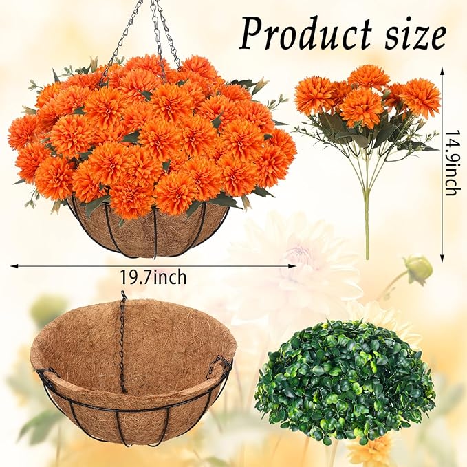 Fall Mums Artificial Flowers Hanging Basket for Outdoor Fall Porch Decor Fake Marigolds 6 Bundle Faux Silk Orange Flower Bouquet Chrysanthemum UV Resistant Realistic Plant for Autumn Table Home Decor