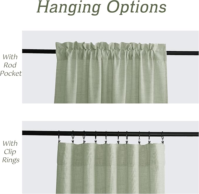 RYB HOME Linen Sheer Curtains and Drapes for Living Room and Dining Room 102 inches Length, Breathable Weave Textured/Rod Pocket Semi Sheer Curtains, Sage Green, W 52 x L 102 inches, 2 Panels Set