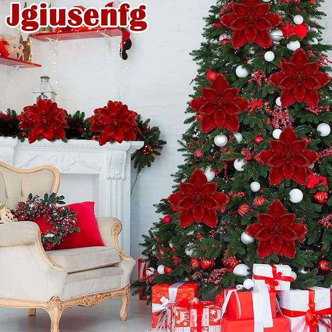 8 Pcs Large Christmas Flower Magnolia Flowers Christmas Tree Decoration Artificial Poinsettia Stems Velvet Xmas Ornaments for Xmas Tree Table Decor(Burgundy,12 Inch)