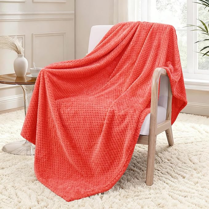 Exclusivo Mezcla Fleece Throw Blanket Extra Large, Super Soft and Warm Blankets for Couch, Sofa and Bed Waffle Textured, Cozy, Fuzzy and Lightweight (Coral Orange, 50x70 Inches)