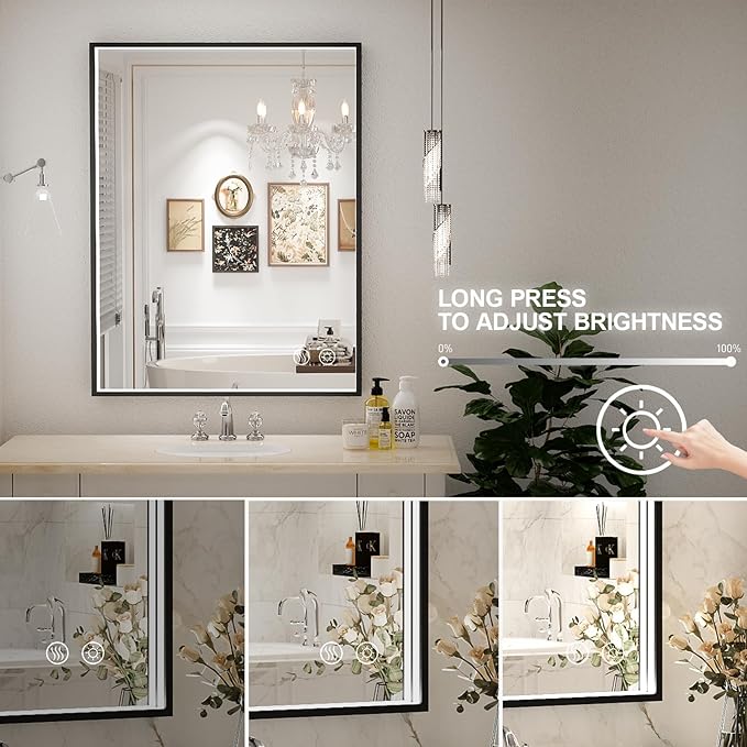 24X36 Inch LED Bathroom Mirror,Black Metal Framed Lighted Mirror,Wall Mouted LED Vanity Mirror with Lights, Stepless Dimmable, Anti-Fog, Memory(Horizontal/Vertical)
