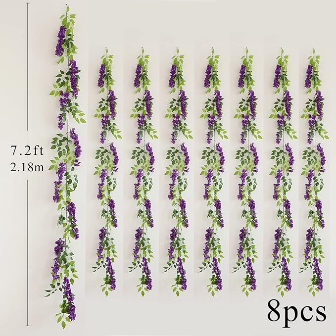 Wisteria Artificial Flowers Garland, 8Pcs Total 57.6ft Silk Faux Wisteria Vine Kit, Hanging Flower Plant for House Outdoor Garden Ceremony Outside Wedding Arch Floral Decor (8, Purple)