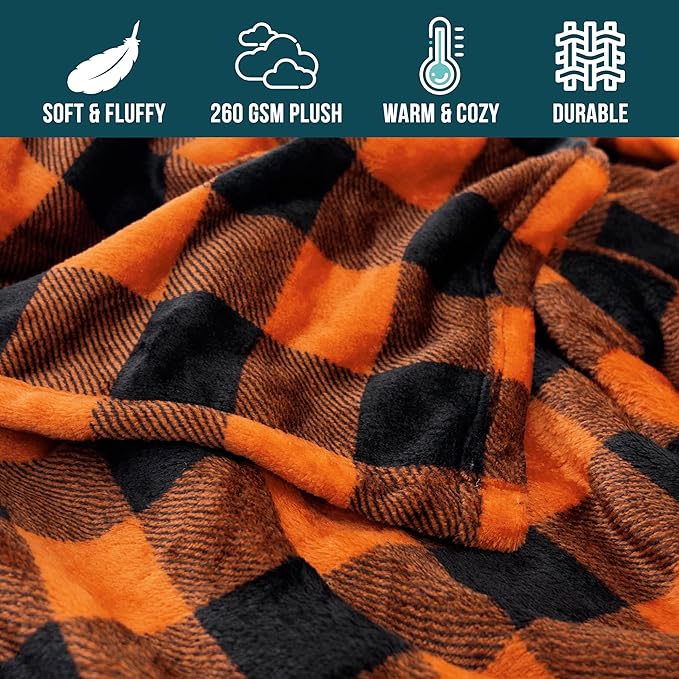 PAVILIA Black and Orange Buffalo Plaid Fleece Throw Blanket for Couch, Soft Halloween Flannel Blanket for Sofa, Orange Checkered Plaid Fall Couch Throw, Warm Cozy Fall Bed Blanket Decor Gift, 50x60