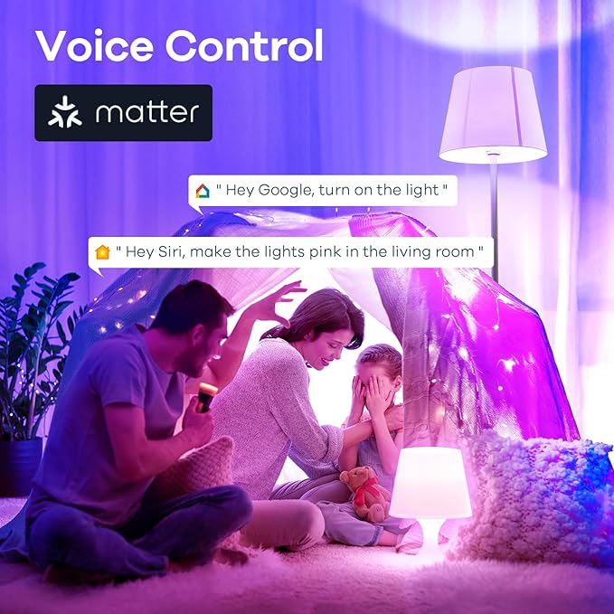 Linkind Matter Smart Light Bulb, WiFi Smart Bulbs, Work with Apple Home, Siri, Alexa, Google, SmartThings, RGBTW Color Changing Bulbs Mood Lighting, Music Sync, A19 E26 60W, 2.4Ghz WiFi 6 Pack