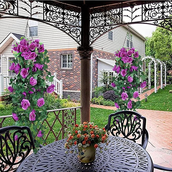 RECUTMS Artificial Hanging Rose Plants Fake Flowers Vines Wall Décor House Garden Patio Front Porch Indoor Decor (Purple)