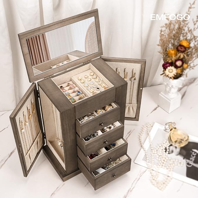 Jewelry Box for Women, 5 Layer Large Wood Jewelry Boxes & Organizers for Necklaces Earrings Rings Bracelets, Rustic Jewelry Organizer Box with Drawers and Mirror(Weathered Gray)