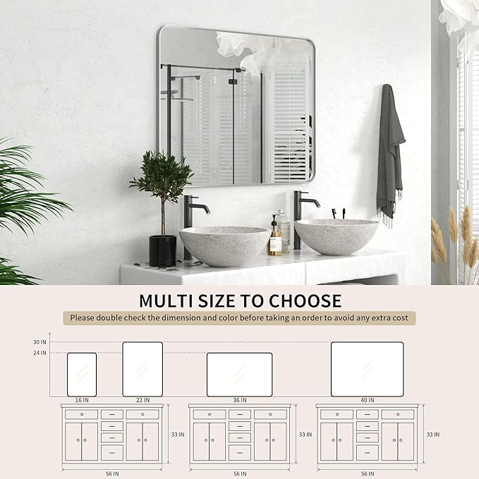 PAIHOME 30x40-Inch Brushed Nickel Bathroom-Vanity-Mirror for Wall - 304 Stainless Steel Silver Frame Bathroom Mirrors, Rectangle Farmhouse Mirror, Vertical Or Horizontal Hanging Modern Mirror