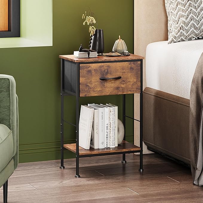 WLIVE Nightstand Set of 2, End Table with Fabric Storage Drawer and Open Wood Shelf, Bedside Furniture with Steel Frame, Side Table for Bedroom, Dorm, Rustic Brown Wood Grain Print, 25.03" Height
