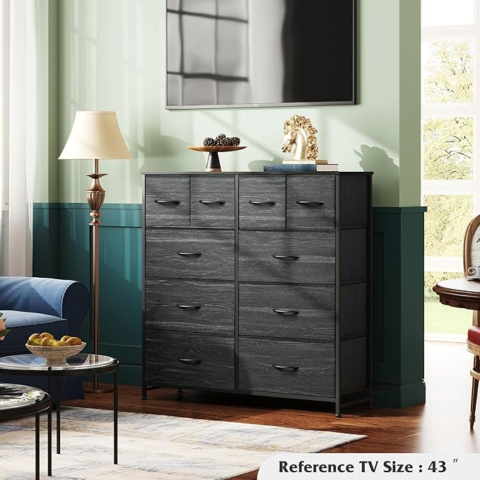 WLIVE Dresser for Bedroom with 10 Fabric Drawers, Tall Chest Organizer Units for Clothing, Closet, Storage Tower with Cabinet, Metal Frame, Wooden Top, Charcoal Black Wood Grain Print