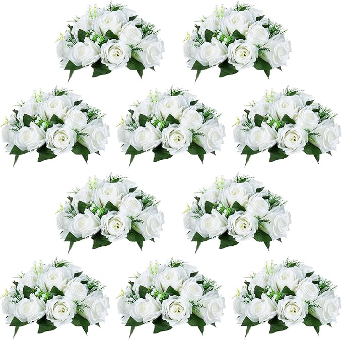 NUPTIO 10 Pieces White Fake Flower Ball Arrangement Bouquet 15 Heads Plastic Roses with Base, Suitable for Wedding Centerpiece Flower Rack for Parties Home Décor