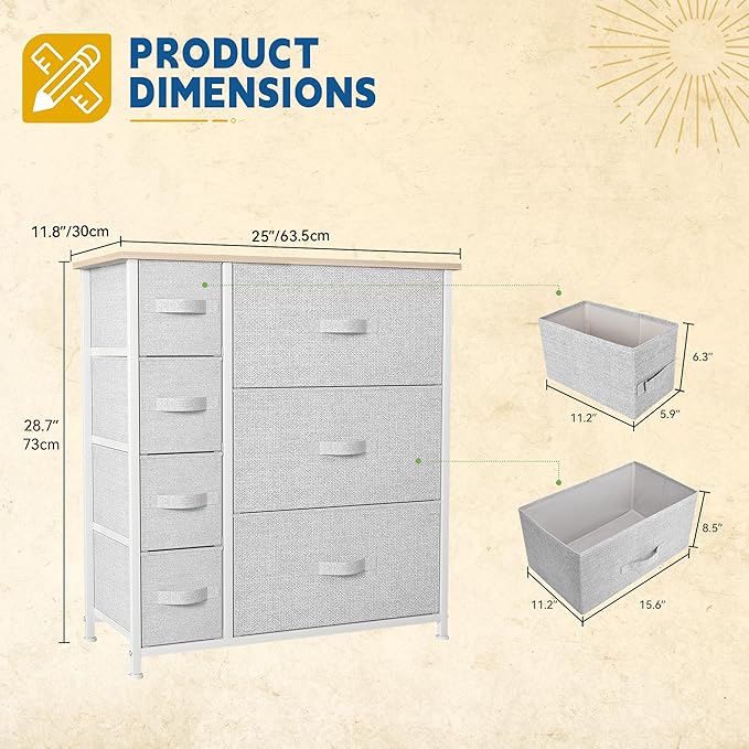 DWVO Dresser for Bedroom, 7 Drawers Fabric Dresser, Organizer Unit for Living Room, Hallway, Closets - Sturdy Steel Frame, Wooden Top & Easy Pull Fabric Bins, Light Gray