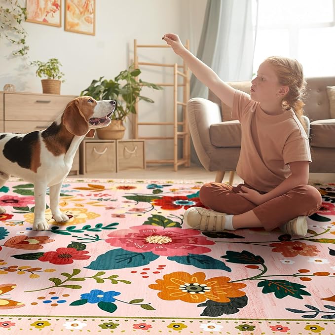 Floral 6ft Area Rug Machine Washable Soft Print Boho Carpet Non Slip Doormat Low Pile Flower Area Rugs for Living Room Bedroom Nursery Kitchen Dining Room Indoor-Pink