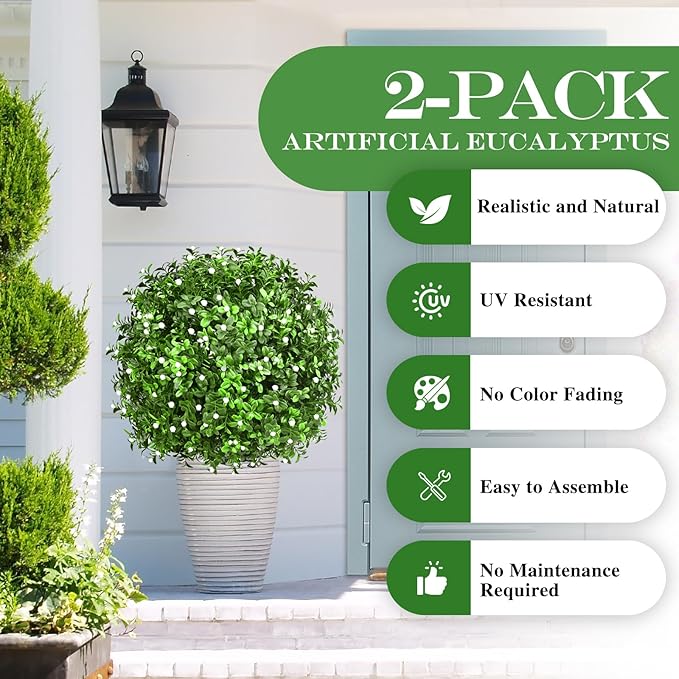 23" Set of 2 Artificial Boxwood Topiary Ball with Spikes Gypsophila Flowers for Outdoor, UV Resistant Faux Greenery Shrubs, Realistic Fake Bushes Plants for Garden, Yard, Front Porch, Patio Decor