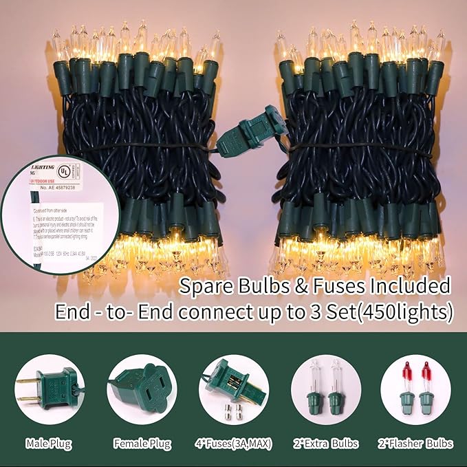 LAMPHOME Super-Bright Extendable Warm White Christmas Lights Decoration 150Lights 31.9ft UL Certified Mini Bulb String Lights Set for Outdoor Christmas Tree Garden Holiday Party Patio Wedding Decor