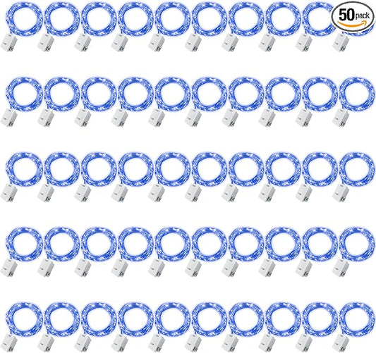 50 Pack Fairy Lights Battery Operated - 3 Speed Modes, 7Ft 20 LED String Twinkle Lights, Waterproof Copper Wire, Mini Firefly Light for Mason Jars Vases Christmas Decor, Blue