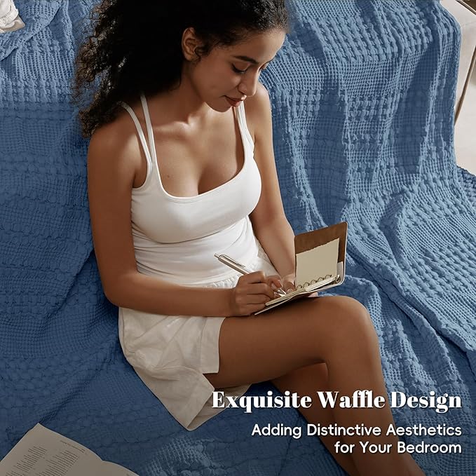 PHF 100% Cotton Waffle Weave Blanket Twin Size for Bed, Soft Lightweight & Breathable, All-Season Comfort, Luxury Aesthetic Woven Bedding for Home Decor, 66"x90", Denim Blue