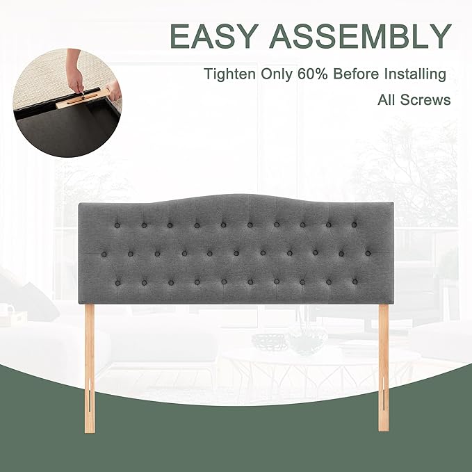 Tufted Upholstered Headboard King Size, Sturdy and Durable Solid Wood Bed headboard, Fabric Headboard Adjustable Height from 37” to 51”, Modern Button Diamond Design Head Board, Grey