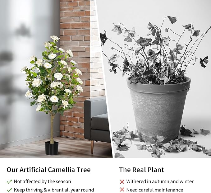 Artificial Camellia Tree 2 Pack, Artificial Plants Outdoor Faux Floral Plant in Cement Pot Fake Silk Camellia Tree Plants for Home House Living Room Office Decor