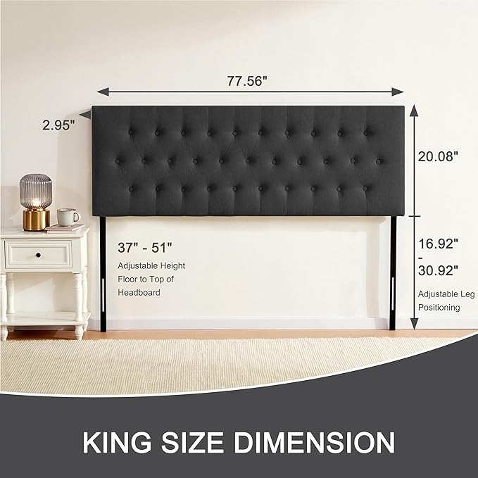 Tufted Upholstered Headboard King Size, Solid Wood Head Board with Durable Metal Legs, Adjustable Height Bed headboard from 37” to 51” Fabric Headboard in Modern Button Design (Black)