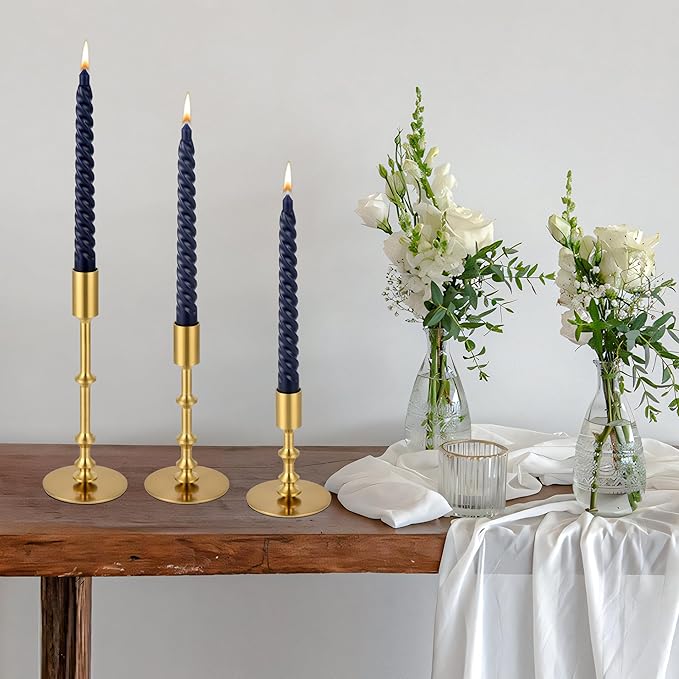 Candlestick Holders for Taper Candles, Brushed Brass Gold Candle Stick Holders Decor, Taper Candle Holder Set for Table Mantel Wedding Dinning Anniversary