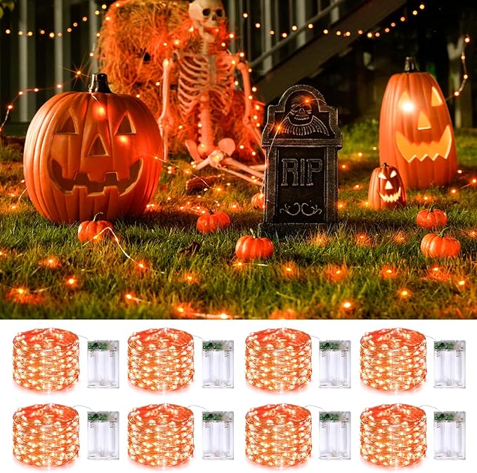 JMEXSUSS 8 Pack 50 LED Orange Fairy Lights Battery Operated, 16 Ft Orange Halloween Lights for Parties, Garden, Patio Decorations