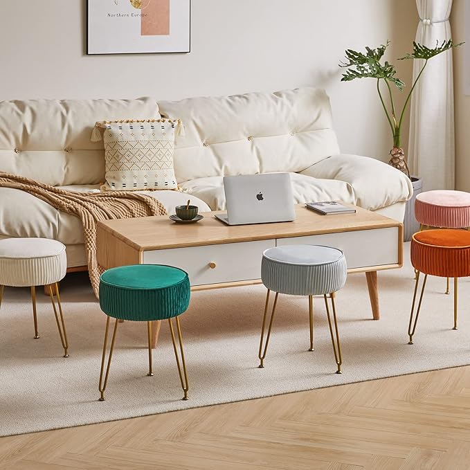 IBUYKE Velvet Round Footrest Stool Ottoman, Makeup Vanity Stool Side Table, Velvet Dressing Table Seat, Pouf Couch Stool, Golden Steel Legs, Green LG-30L