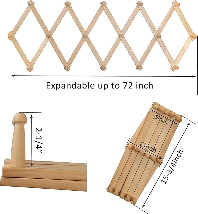WEBI Accordion Wall Hanger,Expandable Wooden Coat Rack,Accordion Hat Rack for Wall for Hats,Caps,16 Peg Hooks,Natural,2 Packs