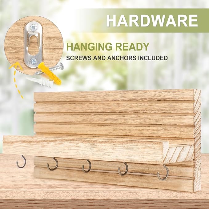 Decorative Key Holder for Wall with Shelf, Entryway Shelf with Hooks Holds Leashes, Jackets and Glasses – Sturdy Wood Keyholder Entrance Hanger with Mounting Hardware (Wood, Medium)