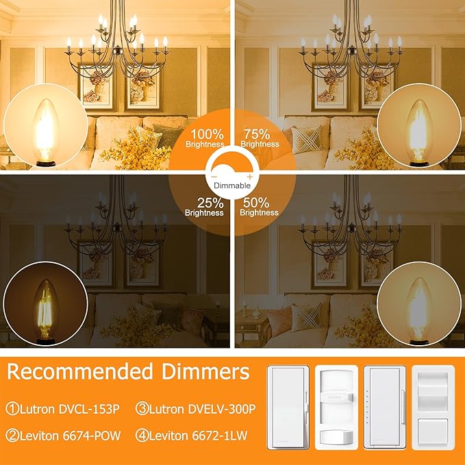 Cotanic E12 LED Bulb Dimmable 3000K Soft White, LED Candelabra Bulbs 60Watt Equivalent, Small Base Type B Light Bulbs, Candle Shape Chandelier Light Bulbs Clear Glass, 600LM, 10 Pack