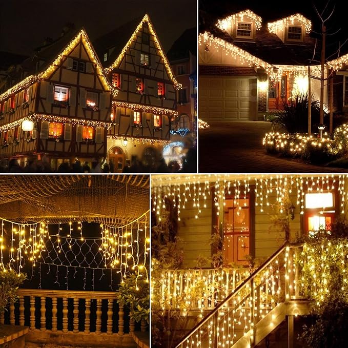 Icicle Lights Outdoor, 19.6FT 306 LED Christmas Lights with 54 Drops, Dimmable Hanging Lights with Remote, Timer, and 8 Light Modes, Connectable Twinkle Fairy Lights Holiday Decorations, Warm White