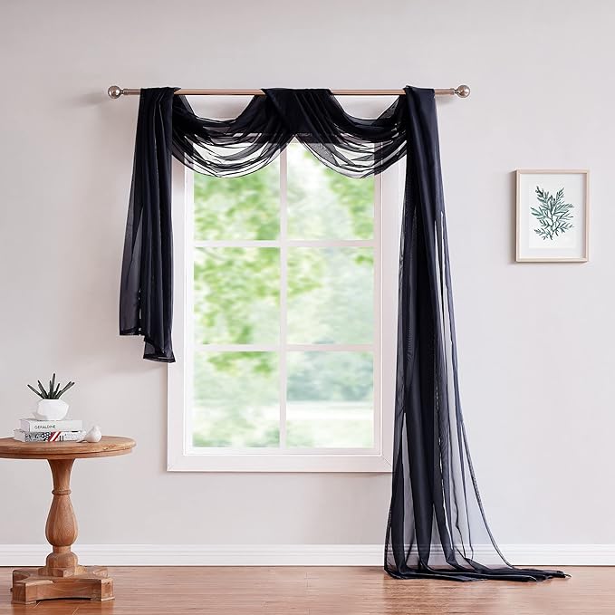 LinenZone Black Window Scarf Valance in 288 Inch Size. Use Window Scarves as Canopy Bed or Backdrop Curtains, Curtain Scarf, or Sheer Fabric for Draping. (Amazing 55 x 288, Black)