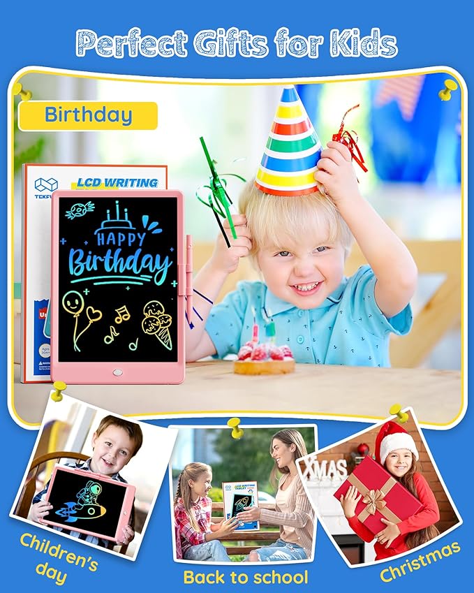 TEKFUN LCD Writing Tablet Doodle Board, 10inch Colorful Drawing Pad for Kids, Mess Free Coloring for Toddlers, Toys Gifts for 3 4 5 6 7 8 Year Old Girls Boys (Pink)