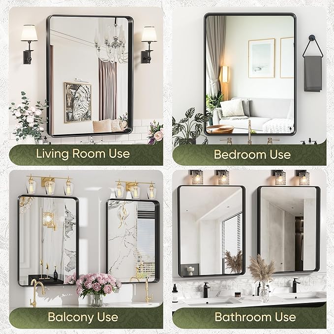 Suidia Bathroom Mirror, 30" x 22" Wall Mirror Metal Framed, Bathroom Vanity Mirror for Living Room Bedroom Bathroom Entryway, Black, Rounded Corner Style