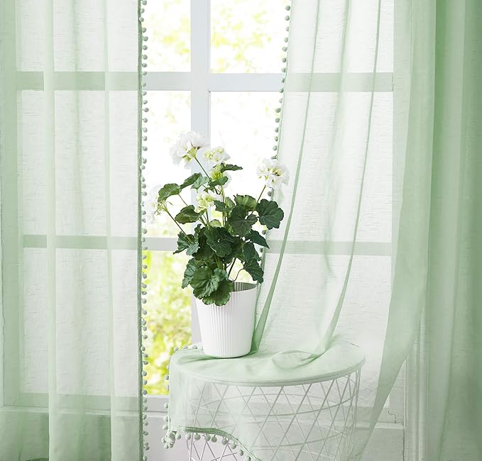 Treatmentex Sage Green Sheer Curtains for Kids-Room 63 inches Slub Textured Pom Pom Window Drapes for Bedroom Sage 52" W x 2 Panels Rod Pocket