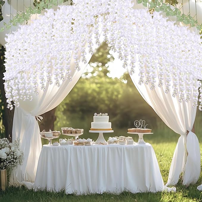 mizii 6Pcs White Wisteria Hanging Flowers 48" Silk Wisteria Artificial Flowers Garland Vines Fake Hanging Flowers Decoration for Wedding Flower Wall Backdrop Centerpieces Party Room Decor (White)