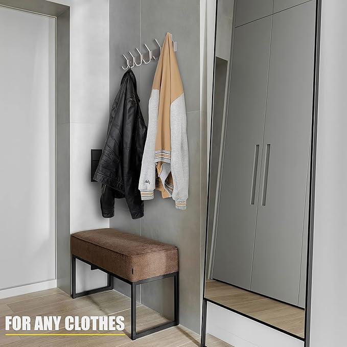 Coat Rack Wall Mount – Brushed Nickel 17 Inch Stainless Steel Hook Rail with 6 Heavy Duty Double Coat Hooks – Wall Mounted Coat Hanger for Entryway, Bathroom, Bedroom, Towel, Hat Organizer - 3 Pack