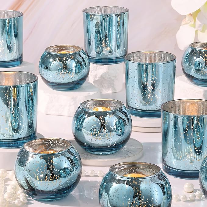 20 Pcs Assorted Lake Blue Votive Candle Holders, Larger Size Mercury Glass Candle Holder Bulk, Tealight Candle Holders for Wedding Decorations, Bridal Shower Table Decorations, Lake Blue Centerpieces