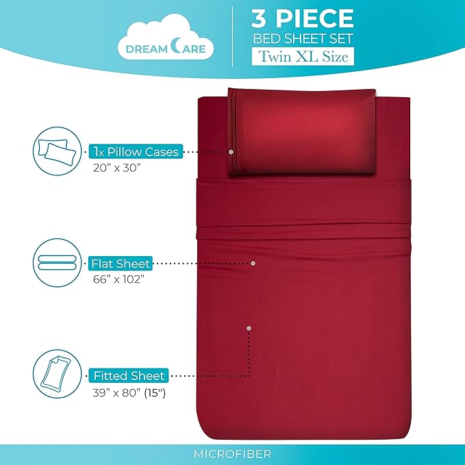 DREAMCARE Twin XL Sheet Sets – 3pcs Cooling Sheets – up to 15” Deep Pocket Twin XL Sheets Set – Hotel Luxury Sheets & Pillowcases – Superior Softness 100% Fine Microfiber with Side Pocket – Burgundy
