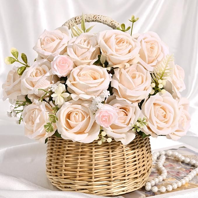 BLEUM CADE 50 Pcs Champagne Roses Artificial Flowers, Real Touch Velvet Roses Fake Flowers Bulk, Artificial Roses Bouquet with Long Stems Bridal DIY Wedding Party Centerpiece Decorations
