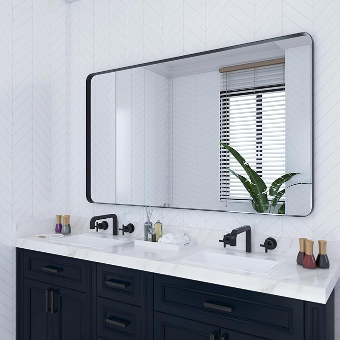 VocalStar 48 x 32 Inch Black Metal Framed Bathroom Mirror for Wall, Large Rounded Rectangle Matte Black Bathroom Vanity Mirror Farmhouse, 1/4-inch Shatterproof Glass | Ultra-Flush Hanging
