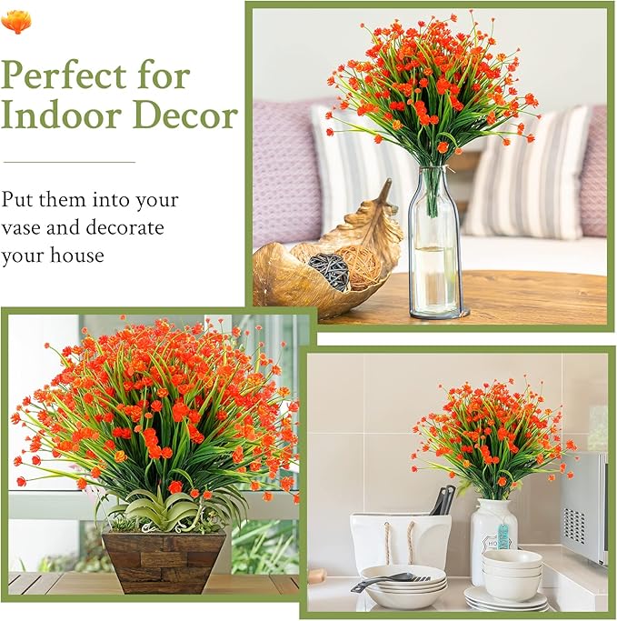 Hoteam 40 Bundles Fall Outdoor Artificial Flowers Plants UV Resistant Outside Faux Flowers Plastic Fake Plants Outdoor Summer Seasons Decoration Shrubs Garden Porch, Orange