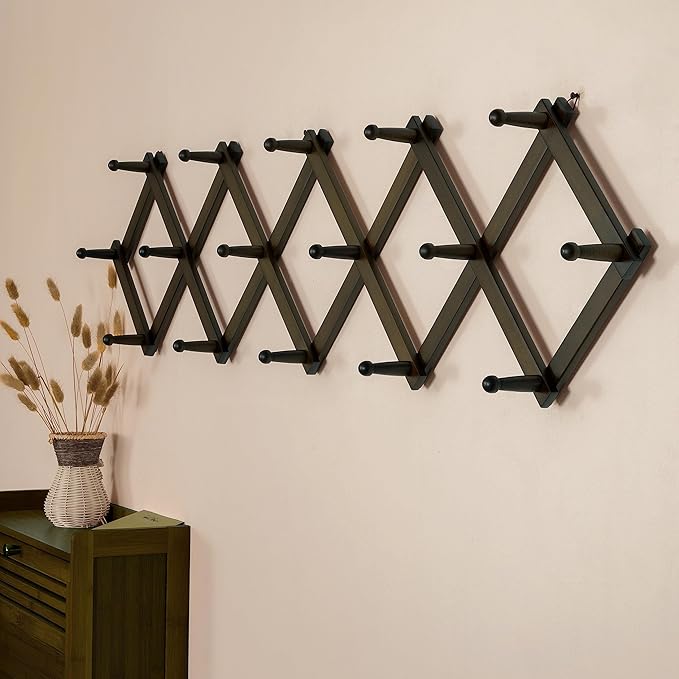 SKOLOO Accordion Wall Hanger with 16 Hooks, Modern Expandable Coat Rack Hat Rack for Wall, Solid Wooden, Dark Walnut Color