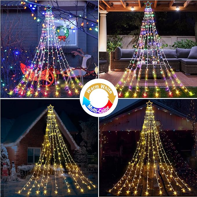 FUNIAO Christmas String Lights 320 LED Christmas Decorations Star Waterfall Lights with 11 Modes Remote Control for Tree Wall Yard Wedding Party (Warmwhite+Multicolored)
