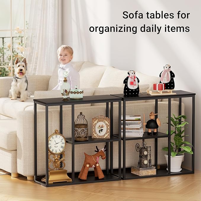 WOHOMO Console Table, 12'' Narrow Entryway Table for Living Room, 31.5'' x 31.5'' Black Industrial Sofa Table with 3-Tier Storage Shelves for Corridor, Hallway, Black